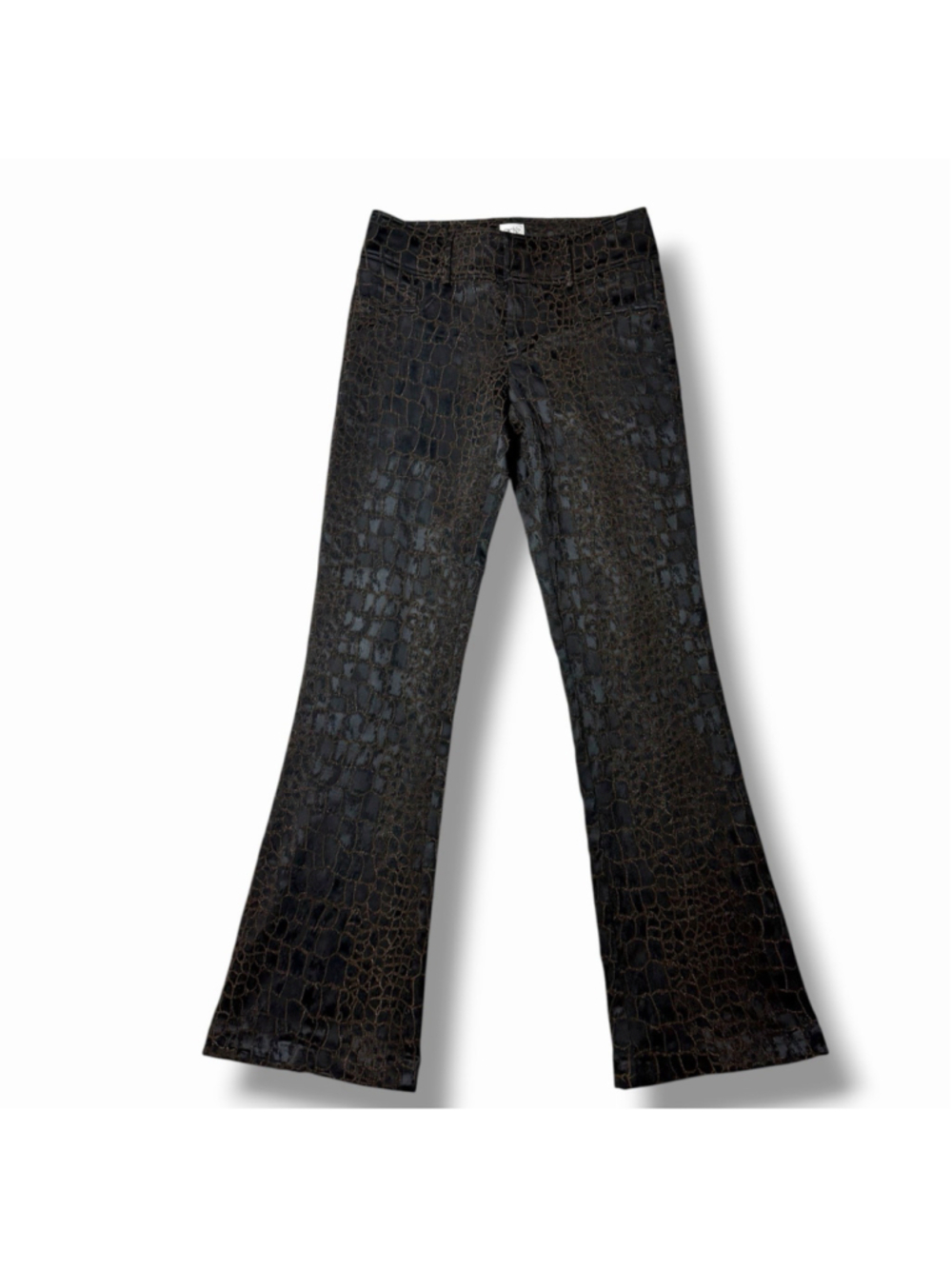 Cache Y2K 2 Low Rise Flare Pants Black Brown Textured Jacquard Brocade Croc EUC